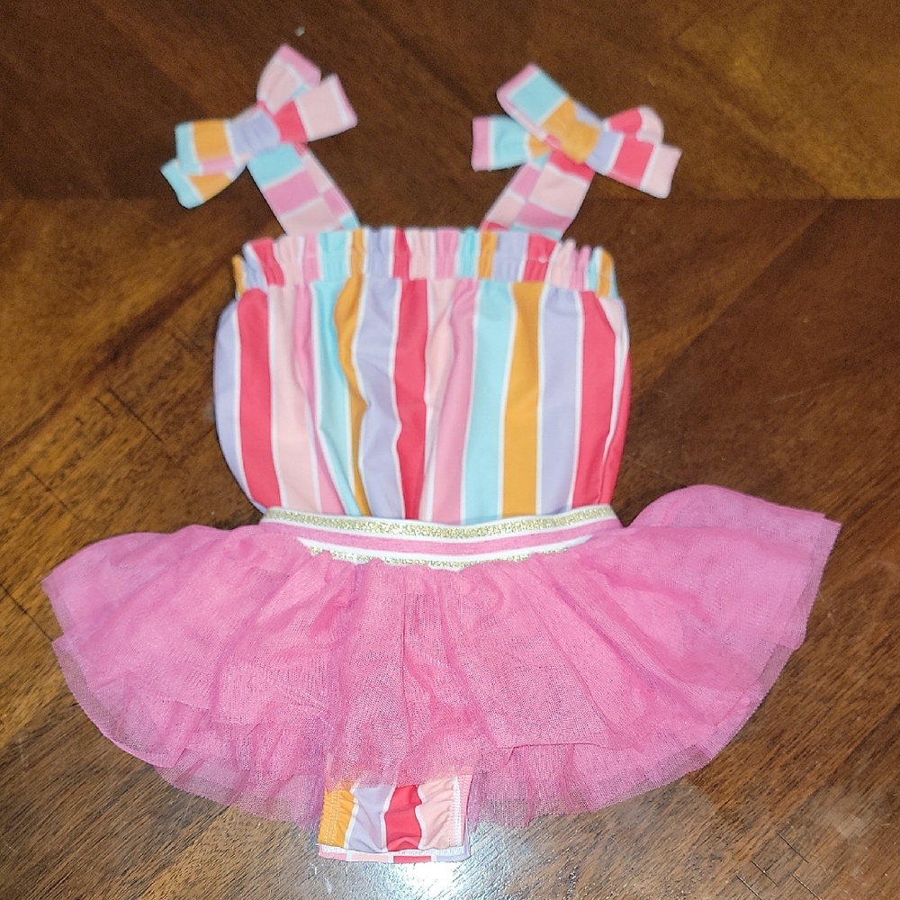 Mud Pie Colorful Striped One Piece with Pink Tutu 2T